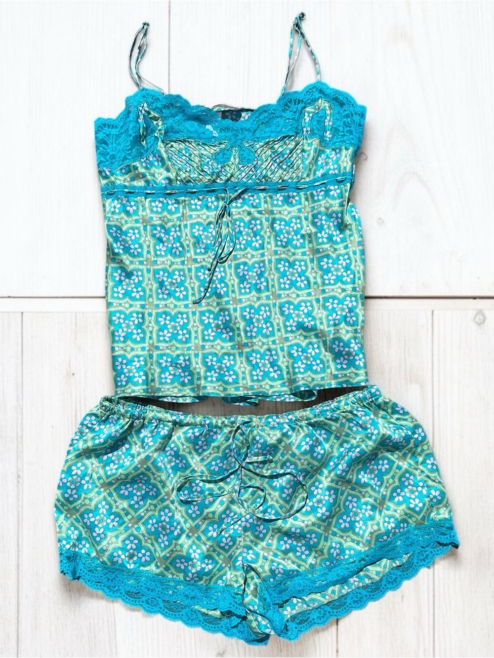 Vintage Y2K Victorias Secret Lingerie Set Pure Silk Teal Geometric Lace Coquette